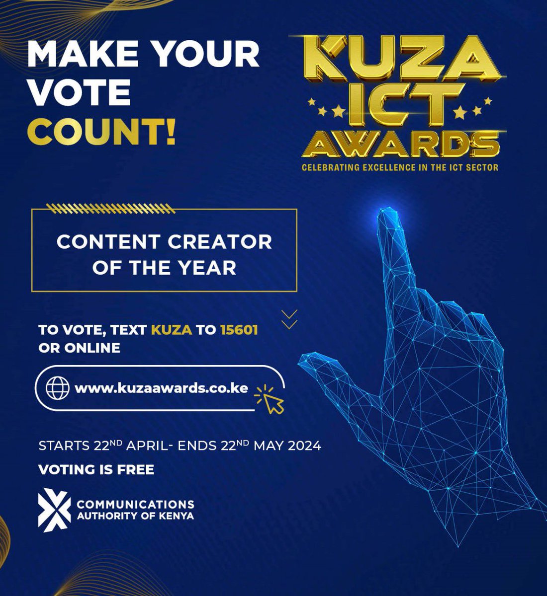 CA_Kenya's tweet photo. The ultimate Kuza ICT Awards are here!Let's toast to excellence in the ICT industry! Content creators, radio &amp; TV fans, mobile &amp; Internet users, postal &amp; courier services customers, and tech enthusiasts! In the People's Choice category you are the tastemaker! 1/2
@CA_DGOfficial https://t.co/mUcvEKiGYW