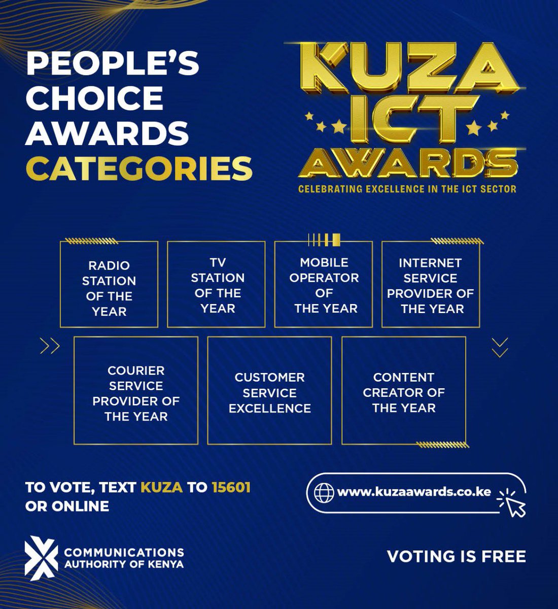 CA_Kenya's tweet photo. The ultimate Kuza ICT Awards are here!Let's toast to excellence in the ICT industry! Content creators, radio &amp; TV fans, mobile &amp; Internet users, postal &amp; courier services customers, and tech enthusiasts! In the People's Choice category you are the tastemaker! 1/2
@CA_DGOfficial https://t.co/mUcvEKiGYW