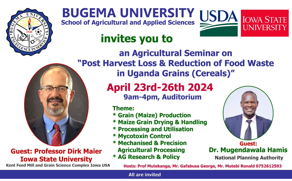 Did you know a large portion of Uganda's grain is lost after harvest? Join Bugema University for an event on reducing post-harvest loss and food waste! Learn practical solutions to improve grain storage, and quality. Together, let's build a more sustainable food system!