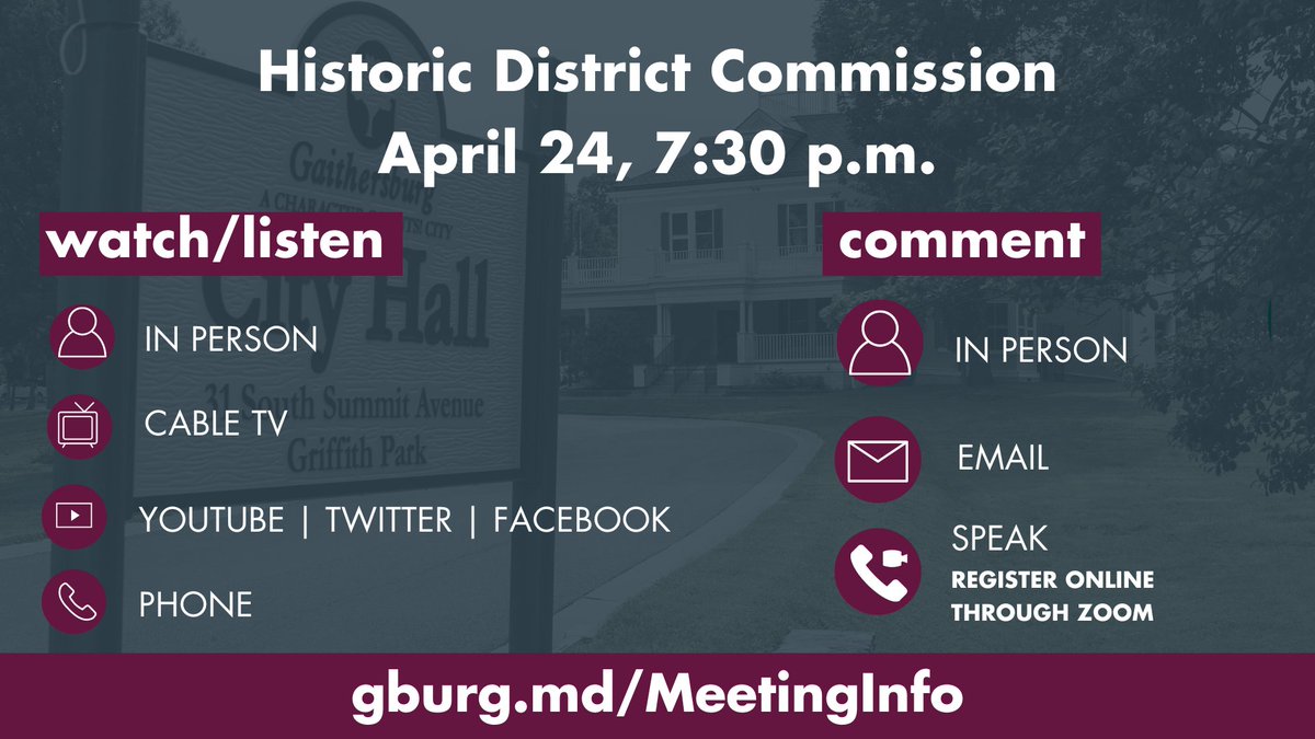 Good Afternoon, Gaithersburg! Find out what’s happening in our historic district by joining us for tonight’s hybrid Historic District Commission Meeting at 7:30pm 📋Agenda: gburg.md/HDC_04-24-24 ✋ Participate: gburg.md/MeetingInfo 💻Livestream: FB,TW & YT @GburgMD
