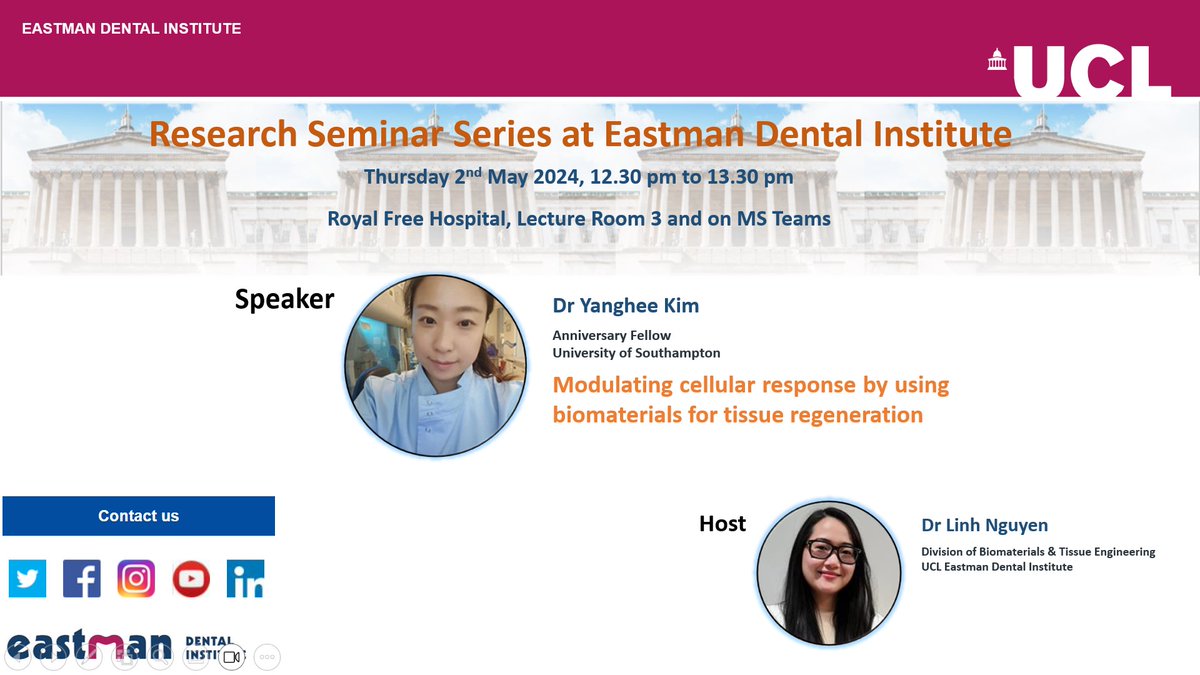 Dr Yang-Hee Kim from the University of Southampton will be visiting us on Thursday, 2 May 2024! Join us for her talk at the UCL Eastman Dental Institute, Royal Free Campus. Drop me a message for the MS Teams link!