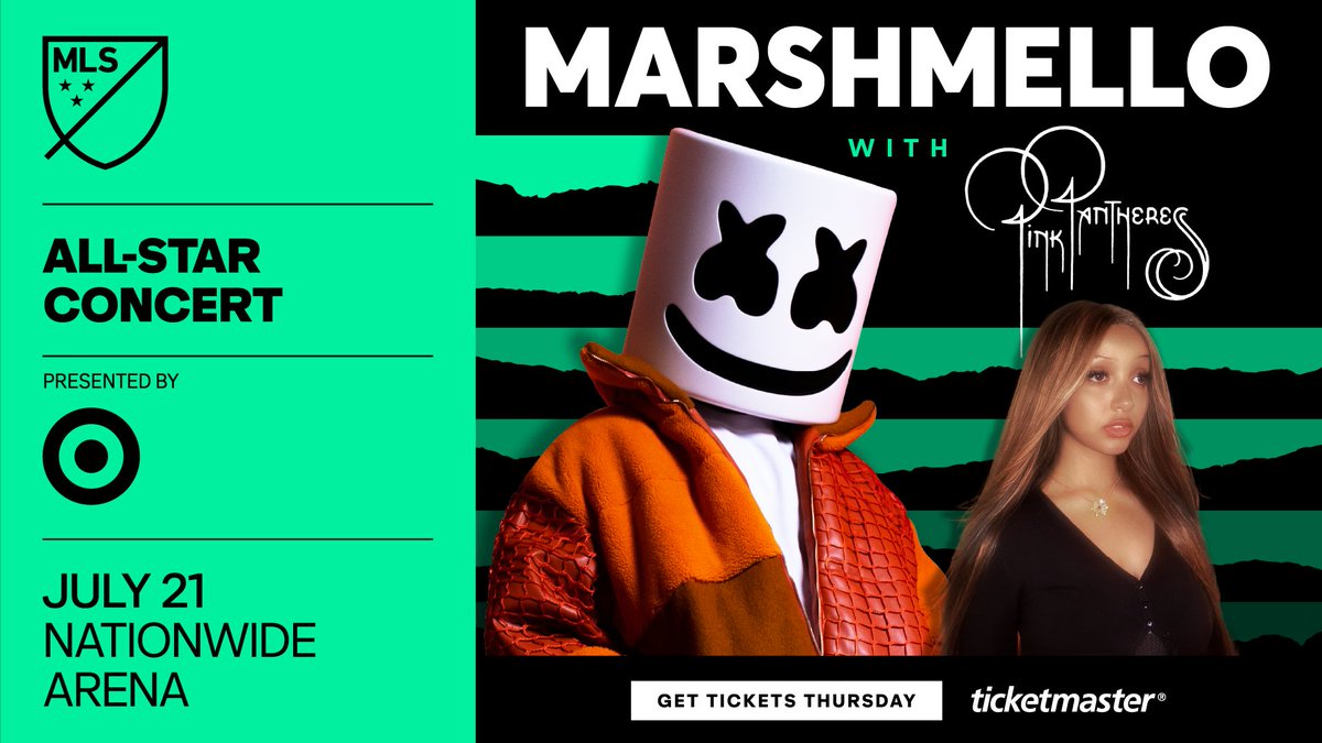 JUST ANNOUNCED: @MLS All-Star Concert Presented by @Target Featuring @Marshmello with @PinkPantheress2 July 21 at @NationwideArena. Tickets go on sale Thursday, April 25 at 10AM. ticketmaster.com/event/0500608C…