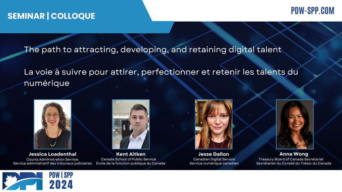 #DPI is pleased to announce Service Now as the sponsor for our panel discussion, where, digital teams from across the GC will share their path for addressing the digital talent gap. #GCDigital Speakers: @Anna_Wong10 @kentdaitken Jesse Dallon Jessica Loadenthal