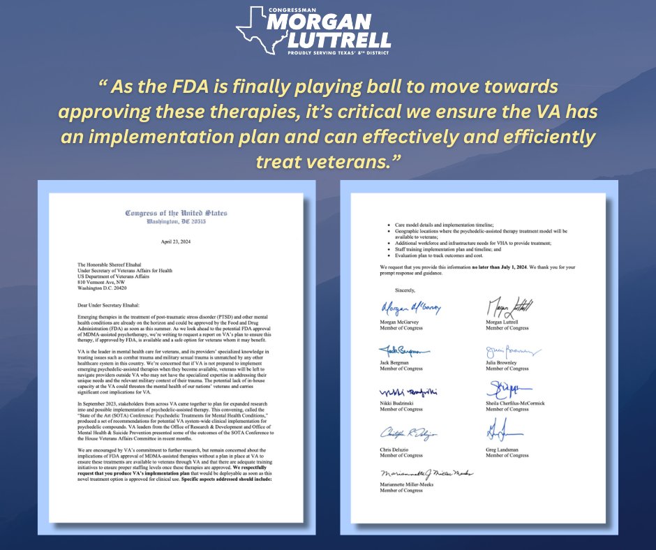 I led a letter with @RepMcGarvey requesting the that the VA produce a strategic plan to implement psychedelic MDMA therapy in-house for veterans should it be approved by the FDA. luttrell.house.gov/media/press-re…