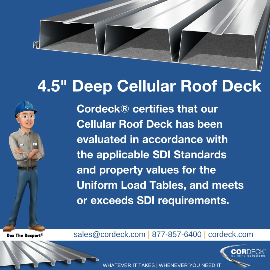 At Cordeck®, our Cellular Roof Deck products serve as the structural substrate in roof construction.👷‍♂️
 
cordeck.com/metal-decking/…
 
Whatever it takes | Whenever you need it
sales@cordeck.com | 877-857-6400 | cordeck.com
 
#roofingmetal #deckcomposite #roofingtin