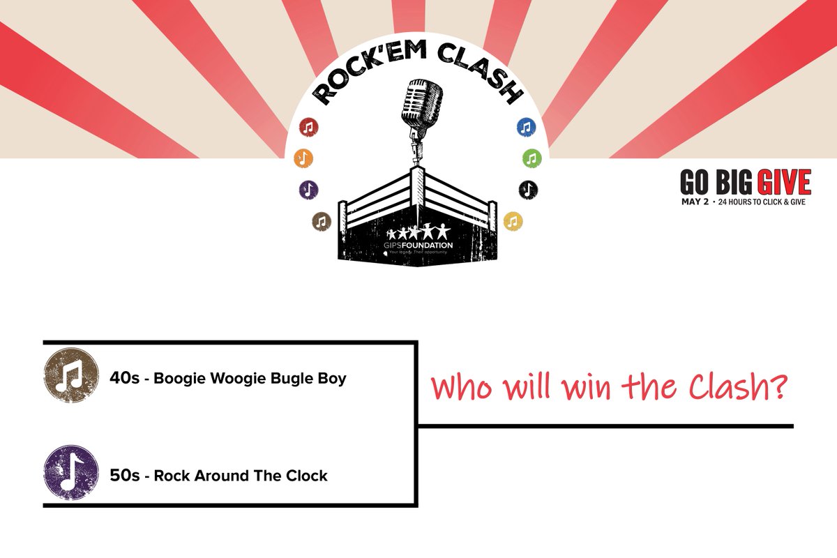 GIPSFoundation's tweet photo. Today's Rock'em Clash is between the 40's and 50's, with "Boogie Woogie Bugle Boy" vs "Rock Around The Clock"! Learn how to vote for your favorite and see the leaderboard here: https://t.co/ezgXbZRUcs
Donate through #GoBigGIVE: https://t.co/0EJsbiAa5r https://t.co/9S26ADiPGb