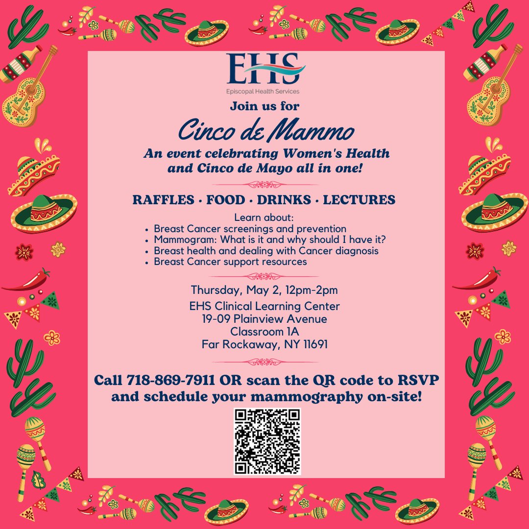 Don't miss Cinco de Mammo on May 2 at our CLC from 12PM-2PM. Enjoy raffles, food, drinks & lectures! Call 718-869-7911, scan the QR code, or visit the link to register and schedule your mammography on-site: forms.gle/JcnCakZhp4Ab8H…! #CincodeMayo #CincodeMammo #EHS #StJohns