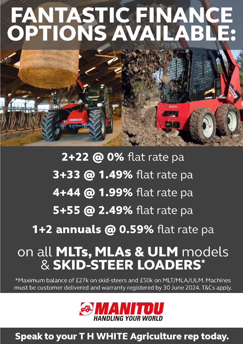 🔴 FANTASTIC FINANCE ON SELECTED MANITOUS 🔴

For more information, get in touch today! 
thwhiteagriculture.co.uk/contact-us/ 

#manitou #telehandler #skidsteer #skidsteerloader #farming #farminguk #britishfarming