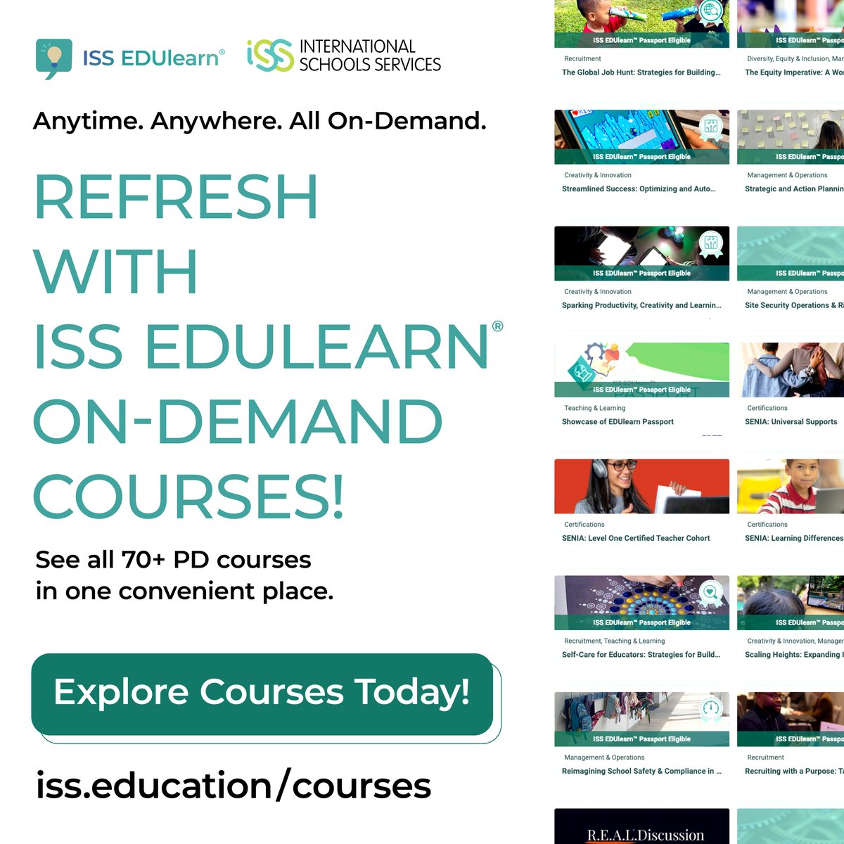 Access 70+ world-class professional development courses — anytime, anywhere, and all on-demand. Explore the ISS EDUlearn® courses today at iss.education/courses! #ISSedu #EdChat #TeacherPD