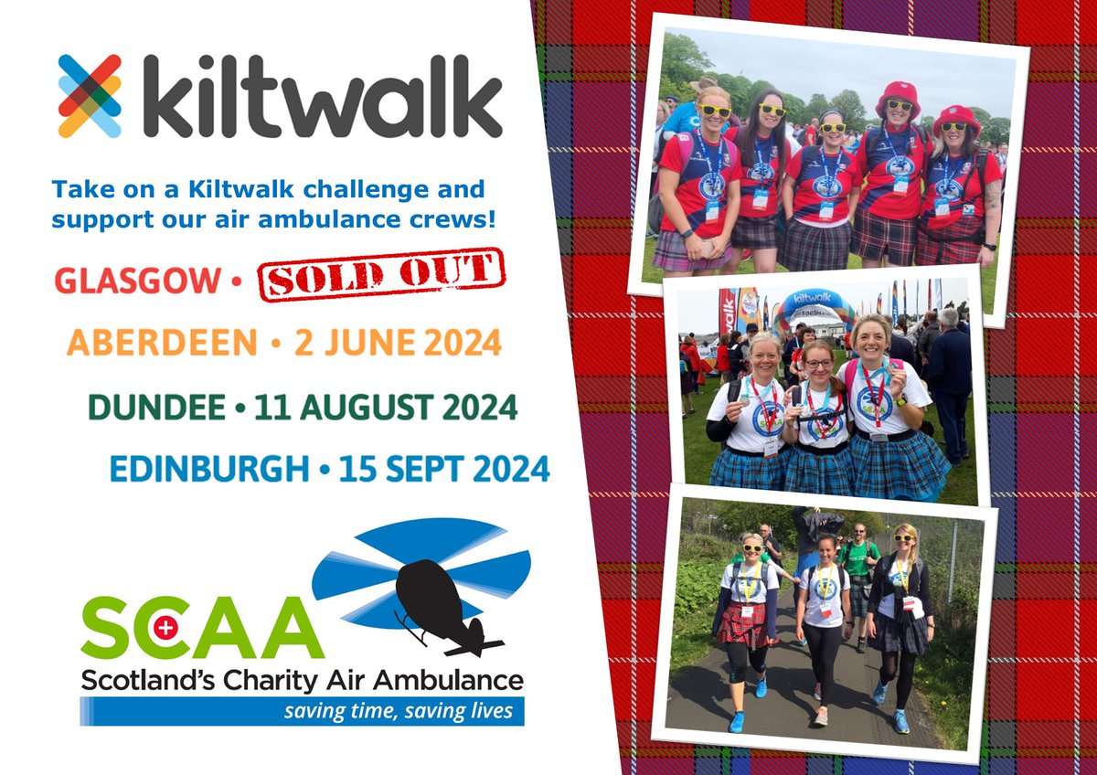Whether you're striding or strolling, there's a #Kiltwalk near you that'll get you donning yer tartan and raising vital support for our air ambulance crews! 👍🚁 Just click here for more info and the get involved: scaa.social/kiltwalks
