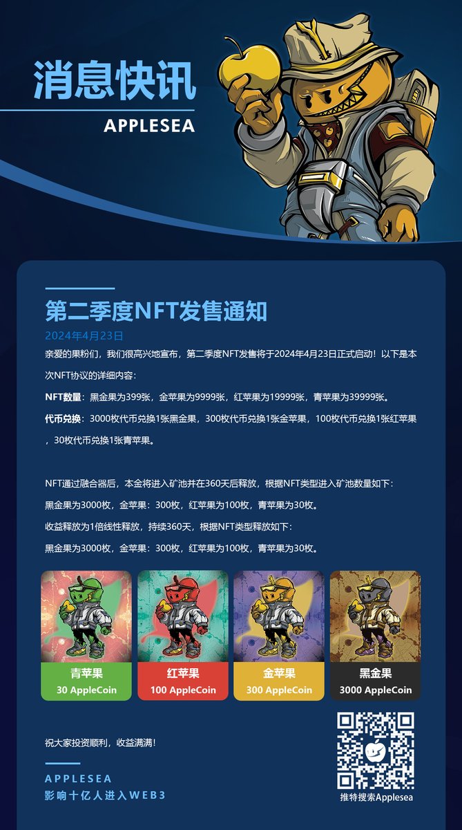 applesea__io's tweet photo. 第二季度 NFT 发售通知

#applesea #apple #Polygon #OKXWallet #defi #depin #btc #eth #Crypto https://t.co/eXHlVERLRs