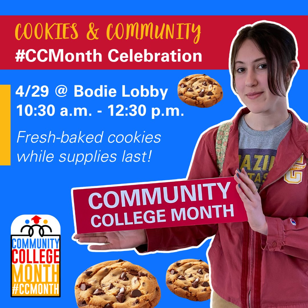 🎉 Enjoy a sweet treat on us in celebration of #CCMonth! Swing by our table in the Bodie Lobby on 4/29 from 10:30 a.m. - 12:30 p.m. 🍪 Fresh-baked cookies will be provided, while supplies last! @CCTrustees #ILCommunityCollegeProud #4EveryStudent4EveryCommunity