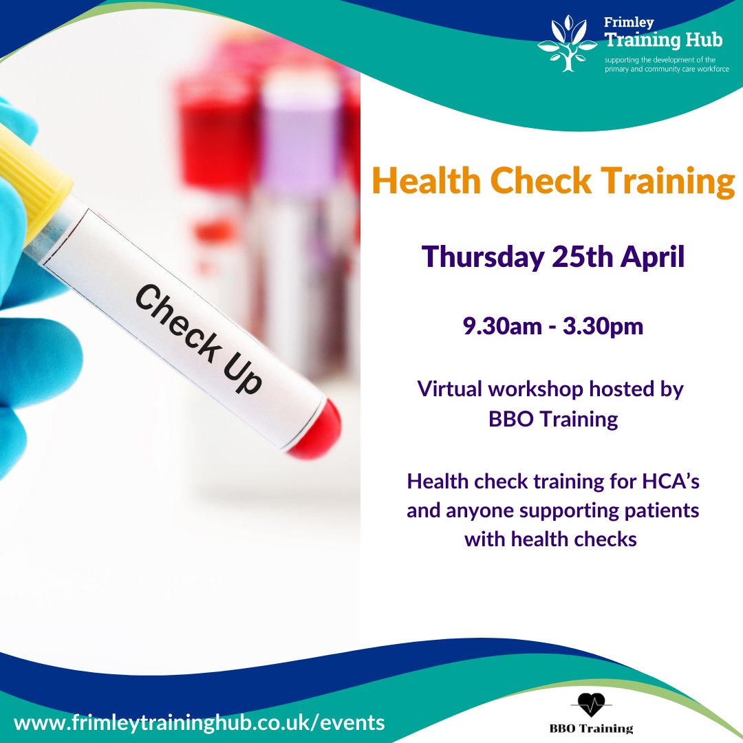 Calling all HCA's and anyone supporting patients with health checks! Join this one day training course to understand, review, outline, examine and discuss all about health checks. For more information and to book click the link. bit.ly/4aSJppW #LearningNeverEnds