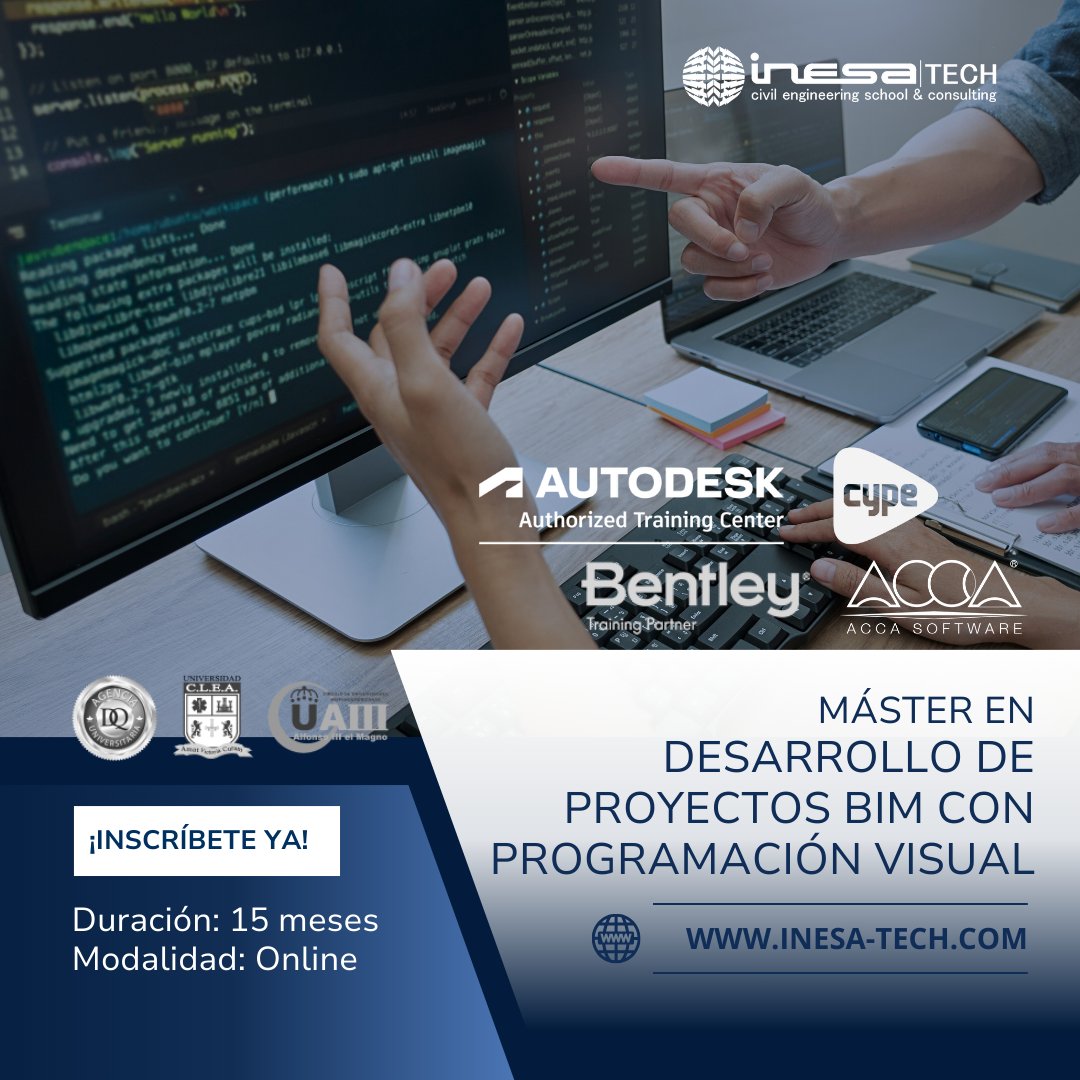 ¡Prepárate para liderar el futuro de la construcción con nuestro Máster en Desarrollo de Proyectos BIM con Programación Visual! 

#inesatech #DiseñoComputacional #DiseñoGenerativo #ProgramaciónVisual #IngenieríaCivil #BIM #ModeladoParamétrico #Algoritmos #Optimización #inesaworld