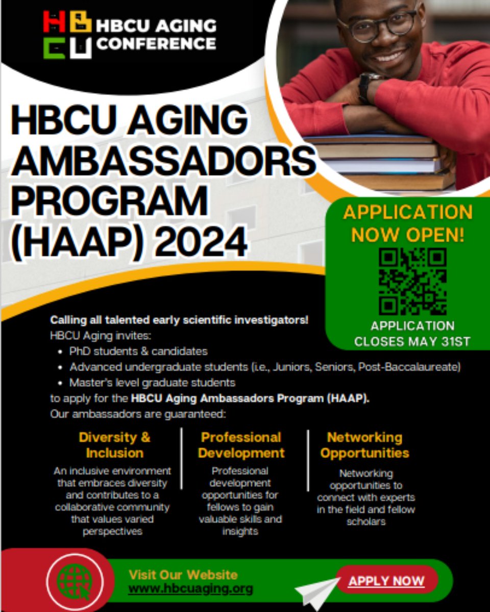 Exciting news! Applications are now open for the 2024 HBCU Aging Ambassadors Program (HAAP), presented by The Black in Gerontology & Geriatrics and the Gerontological Society of America’s (GSA) HBCU Collaborative Interest Group. 

🌟 #HAAP #HBCU