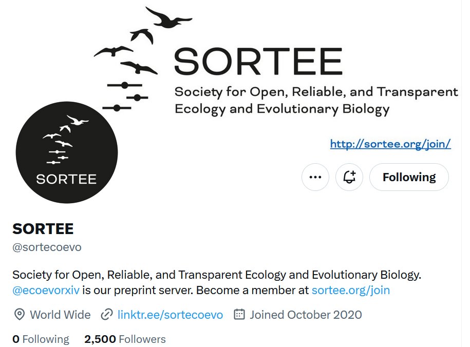 @sortecoevo hits 2500 followers! Join them to learn about open, reliable, and transparent science in ecology, evolutionary bio, and related disciplines.