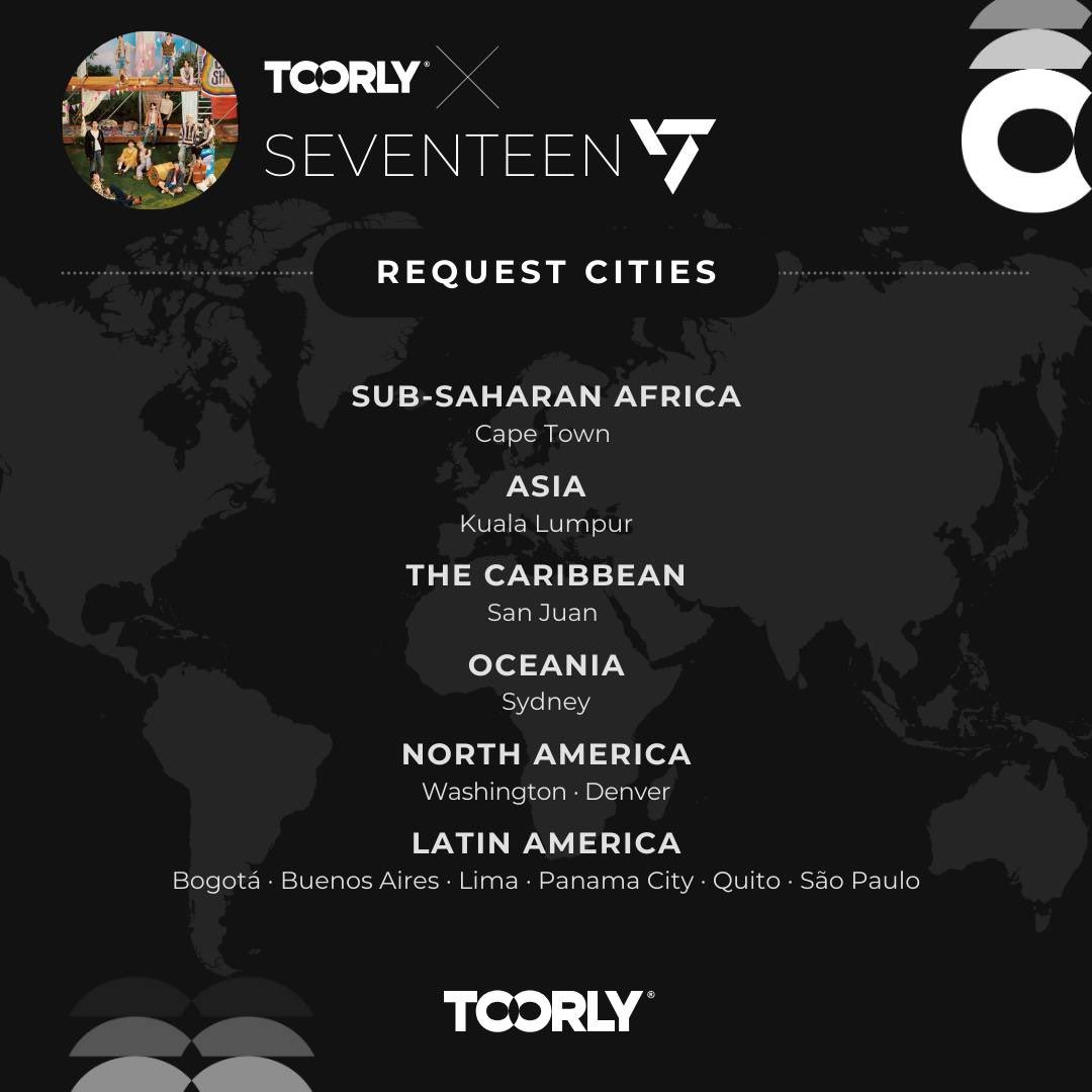 TOORLY's tweet photo. Colombia, Argentina, Peru are the top 3 countries that can't wait to hear SEVENTEEN's new album SEVENTEEN BEST ALBUM '17 IS RIGHT HERE' live 💎

If you see your city below, click on the link to Request #SEVENTEEN to come to your city! 

If your city’s not on the list, click on the link too and make it happen by creating a new Request. 
https://t.co/78xXY6HAjH

Comment which the city deserves to hear SEVENTEEN live the most! Let's make more shows happen together 🔥

#RequestOnTOORLY