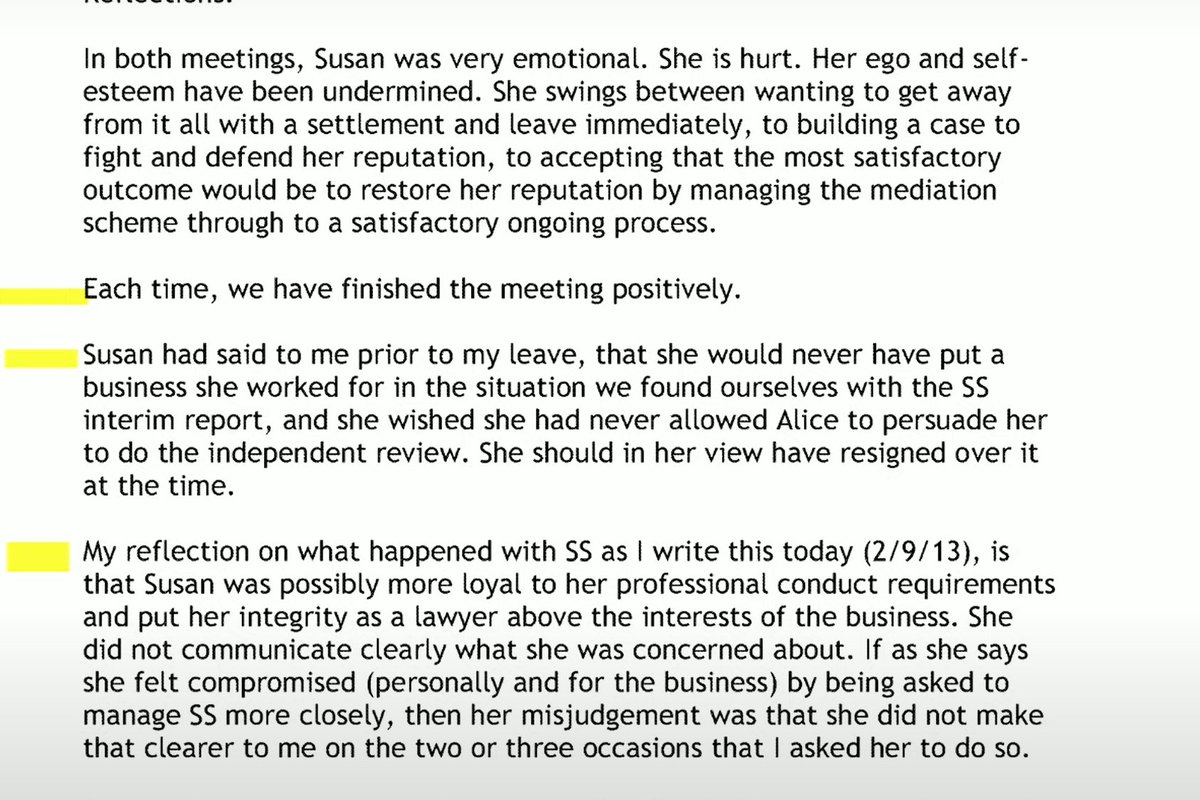 A fascinating meeting note from Paula Vennells in 2013, saying that GC Susan Crichton 'more loyal to her professional conduct requirements and put her integrity as a lawyers above the interests of the business'. #postofficescandal