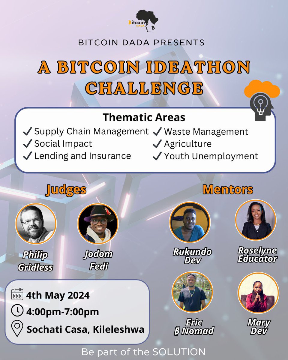 🎓 This graduation, we're throwing the cap and gown at the ordinary! ₿ 🚀 Join us for a one-of-a-kind #Bitcoin Ideathon Challenge, where you'll team up with brilliant minds from the Kenyan Bitcoin community for a day of brainstorming, learning, and networking. 💡 The