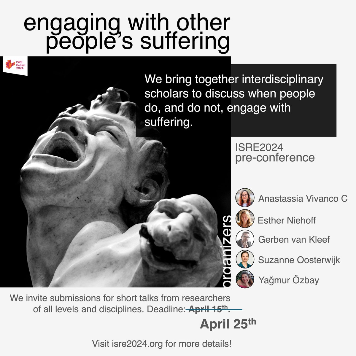 📢 DEADLINE EXTENDED! If you are interested in #eudaimonia, #empathy, #curiosity & #prosociality, don't miss this #ISRE2024 pre-conference deadline! Now, April 25th, more information and submit your contribution here: sites.google.com/view/isre2024s…