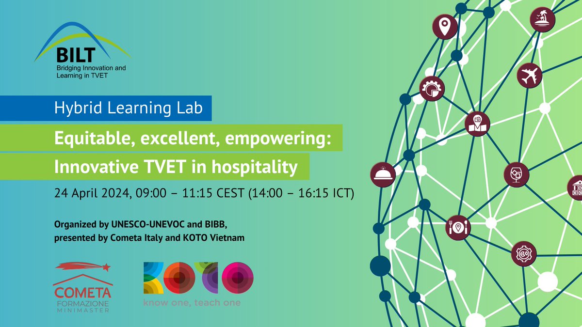 Tomorrow’s #BILT Bridging Event will feature a Learning Lab on ‘Equitable, excellent, empowering: Innovative TVET in hospitality’ 🌏💻🤝

🗓️ April 24, 2024
⏰ 9:00-11:15 CEST (14:00-16:15 ICT)

Register here 👉unevoc.unesco.org/i/915

@BIBB_de  <a href="/AmiciDiCometa/">COMETA</a> <a href="/KOTOVietnam/">KOTO</a>