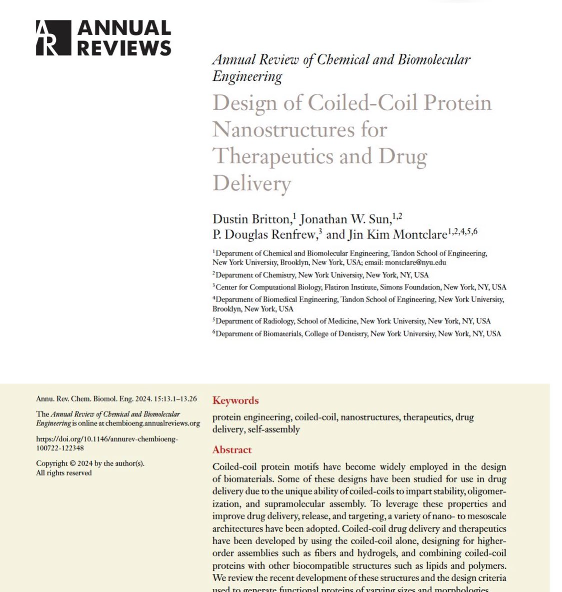 jkmontclare's tweet photo. Congrats to @MontclareLabs @dustygr8britton, @JonasunSun &amp; @FlatironCCB collaborator @dougrenfrew on their  paper entitled, "Design of Coiled-coil Protein Nanostructures for Therapeutics and Drug Delivery" being published! Check it out here: https://t.co/aD9RlQez1v
 #welldone https://t.co/O6lOFbXmtS