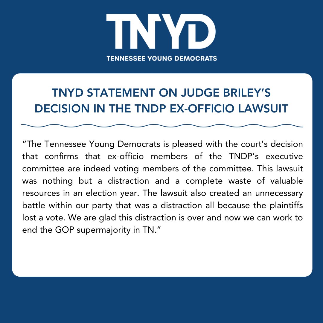 TNYDems's tweet photo. Our statement regarding the lawsuit that was filed against the @tndp over the voting status of ex-officio members. This is a win for the youth of our party! https://t.co/7JwgFgThvX