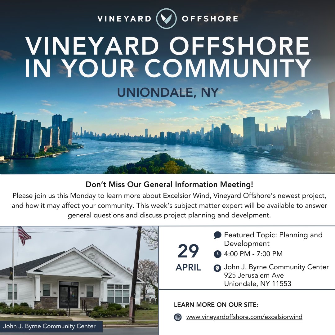 Uniondale, NY! 🌟 Join the us this Monday, April 29th for an informational session on our Excelsior Wind project at the John J. Byrne Community Center. We'll be there from 4-7pm to answer questions and share information about our project. 

#offshorewind #LongIsland