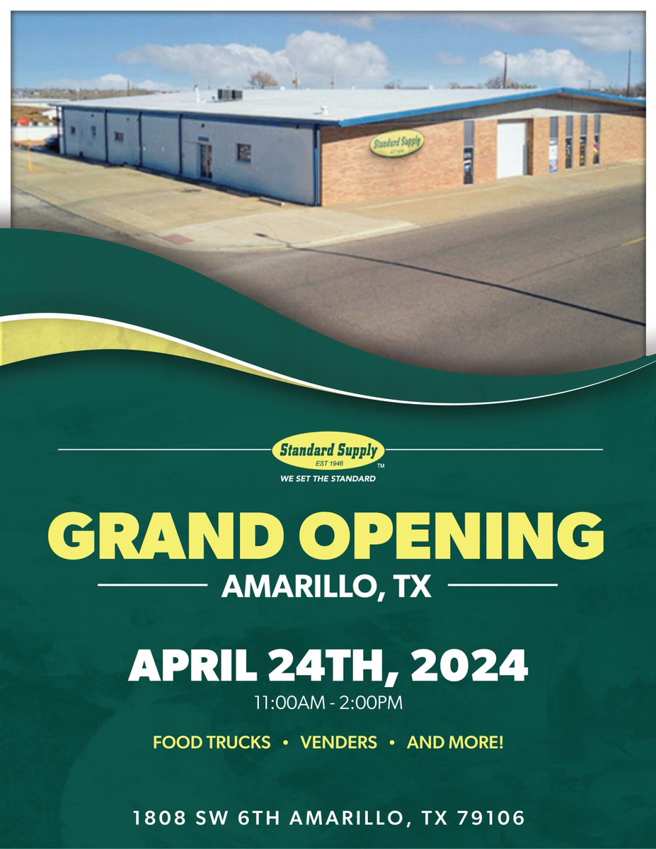 Join us TOMORROW for our GRAND OPENING in Amarillo, TX!
Meet some of our vendors, grab lunch at the food trucks, and enter to win some awesome prizes!

#WeSetTheStandard #GrandOpening #WestTX #HVAC