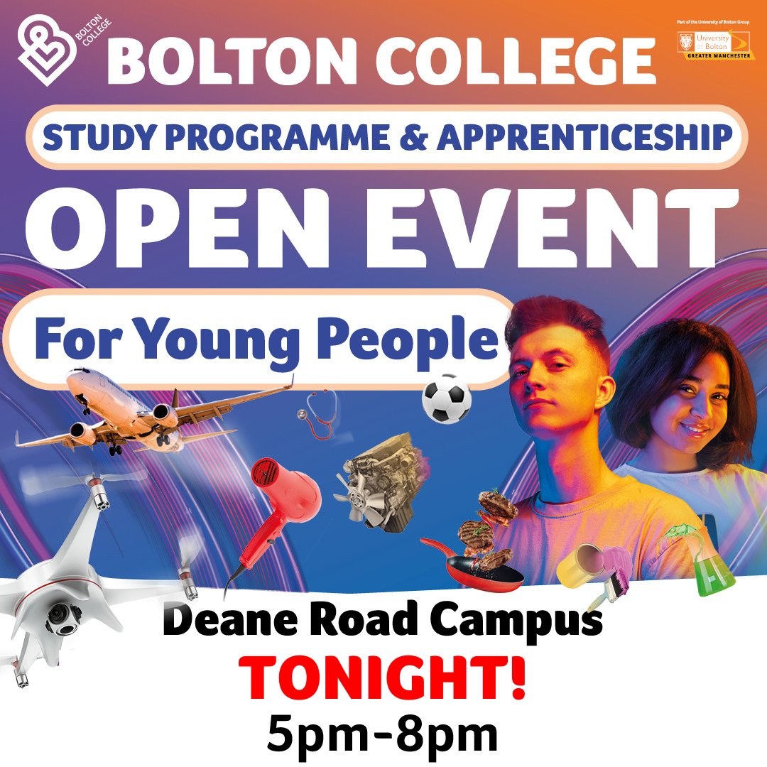 ⭐Join us for our Young People's Study Programme & Apprenticeship Open Event tonight, between 5pm-8pm. ⭐No need to register, just drop in! ⭐This is your chance to learn about our range of Study Programmes, T Levels and Apprenticeships, setting you up for an exciting future!