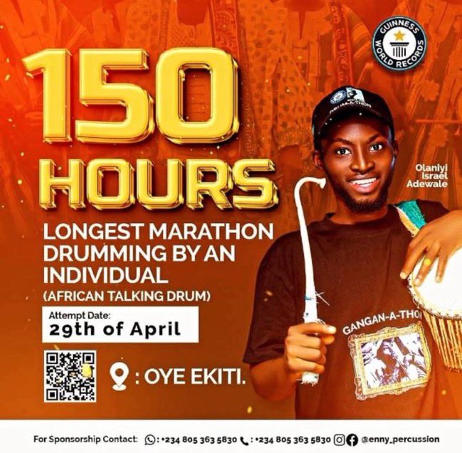 6 DAYS to go until we start our record breaking quest ! 
Support ! Follow ! Retweet and Stay Tuned as we take you on an amazing adventure! 
#Talkingdrum #150hours #GanGan #Fuoye #Oye #Ekiti #Oyo #Osun #Ikole #GWR