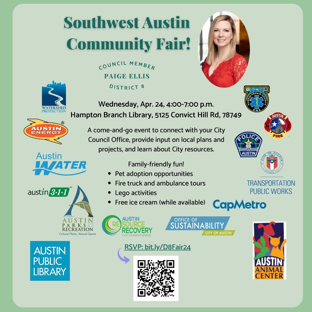 PaigeForAustin's tweet image. Tomorrow is the day! Our District 8 Community Fair kicks off at 4pm Wednesday at the Hampton Branch Library. Bring your neighbors, and see you there! 🥳 bit.ly/D8Fair24