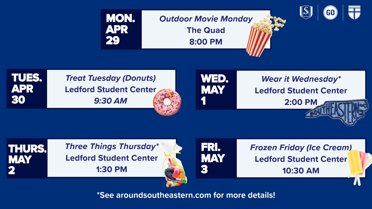 Finals Week Fun is FINAL-ly coming up next week! Check out the awesome lineup of fun events and treats we have planned for you! 🎉

🔗 Click here for more info: ow.ly/IJ7T50RjTq9