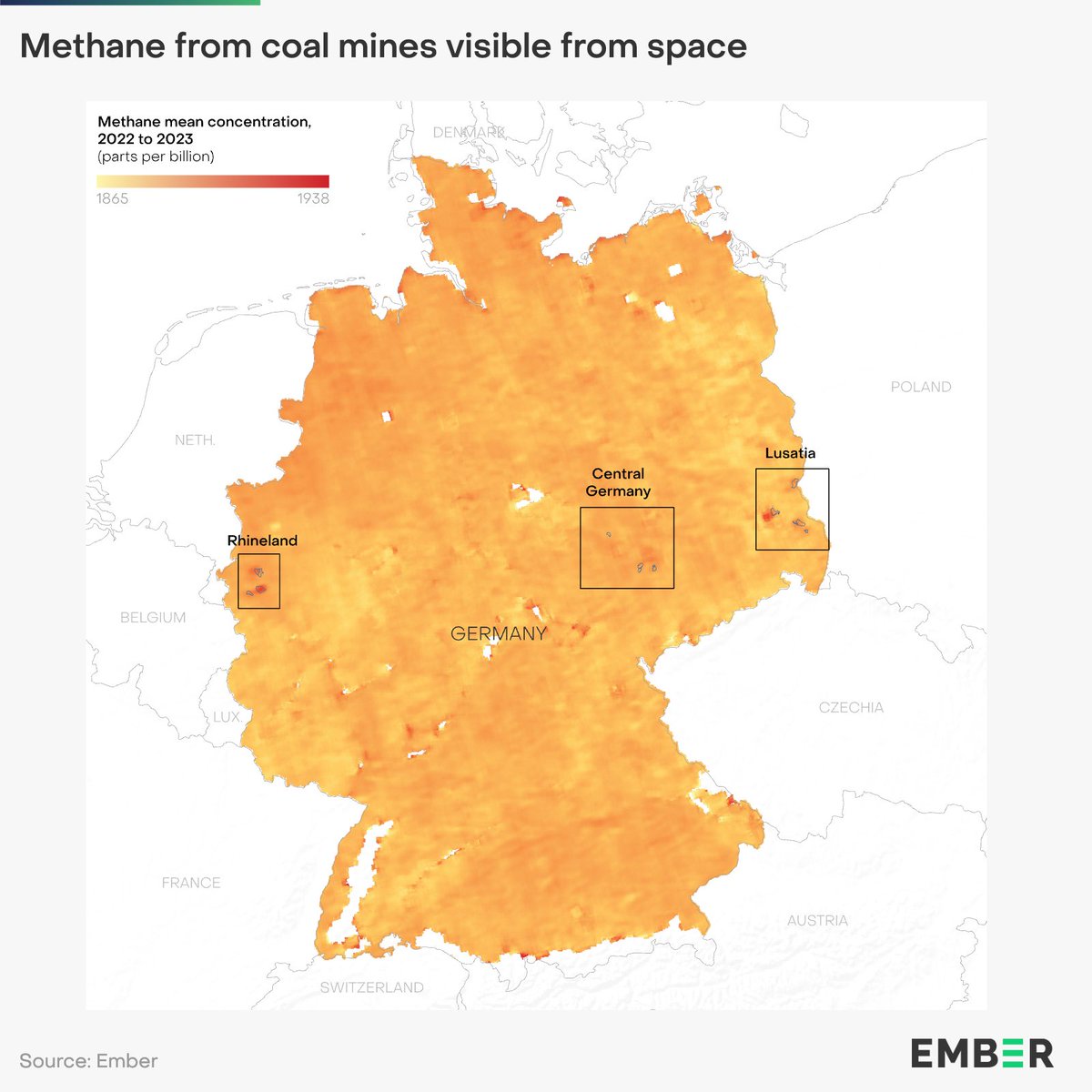 🇩🇪 produced 44% of the 🇪🇺 lignite in 2022, but reported 1% of the emissions from active surface mines in the EU. Methane from 🇩🇪 coal mines is visible from satellite data, indicating that coal mine methane emission data aren't adequately estimated. ember-climate.org/insights/in-br…