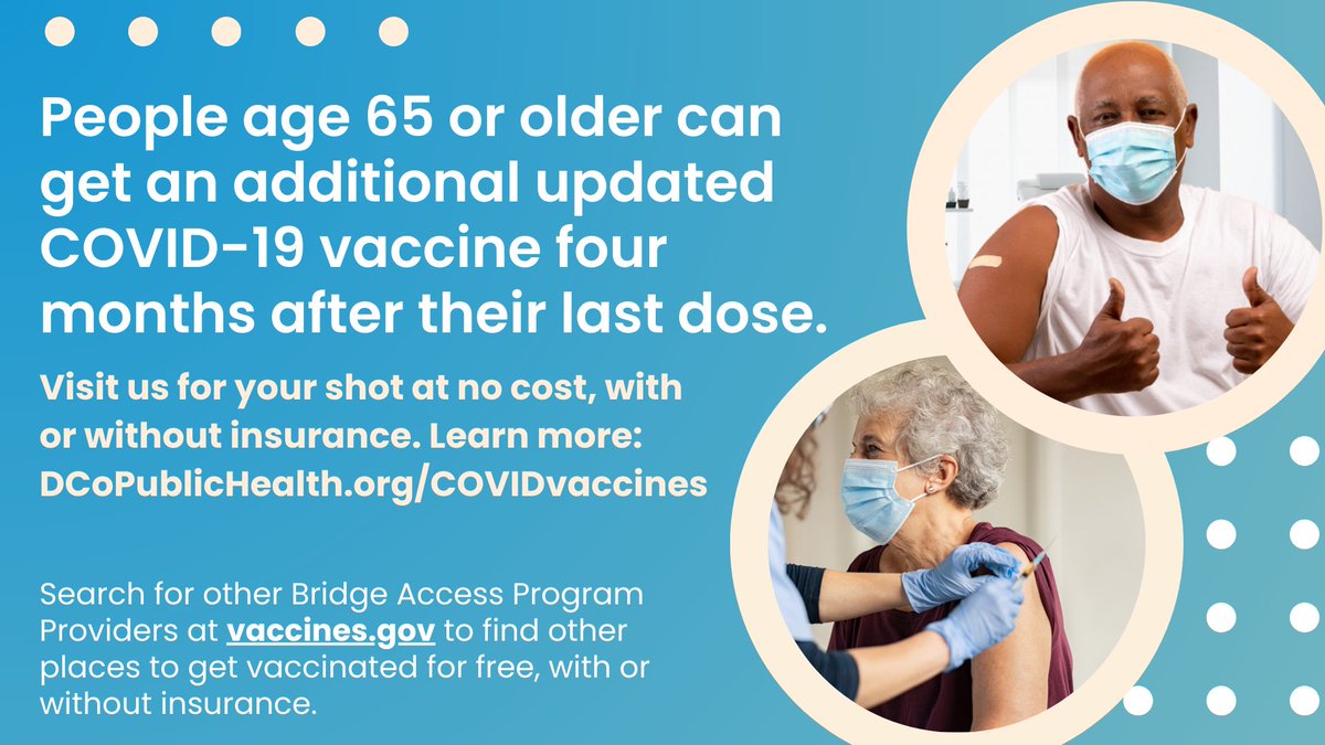 DYK? If you're age 65 or older, you are eligible for another updated COVID-19 vaccine 4 months after your last shot! Protect yourself by getting up to date on your vaccines. Available free with or without insurance. Visit us, or find other providers at vaccines.gov.