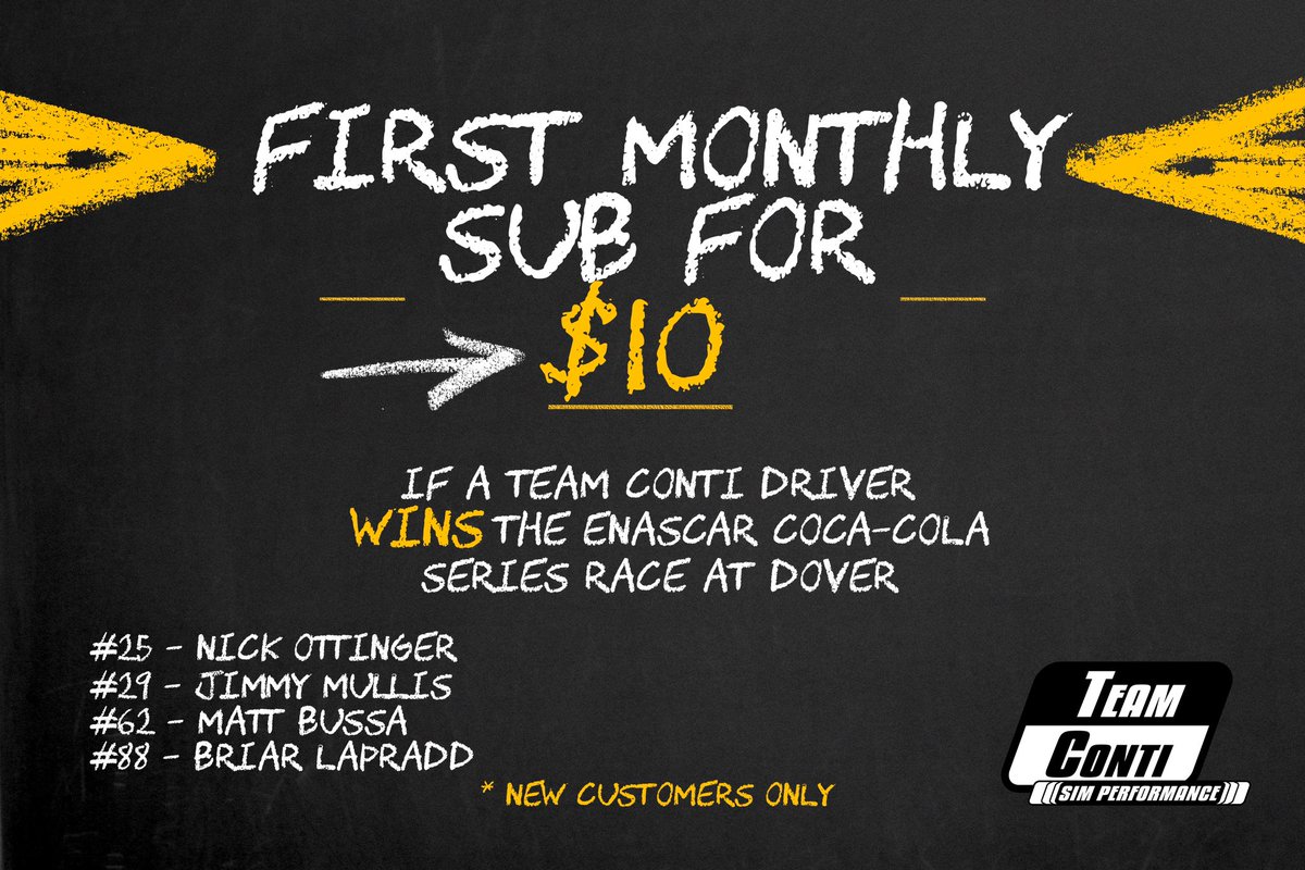 A Team Conti driver has won the last three @ENASCARGG Dover races. So, why not make it 4 in a row? What say you, @NickOttinger? If Nick makes it 4 in a row…or if one of our other drivers capture the win tonight, $10 setup subs will be available for 24hrs at…