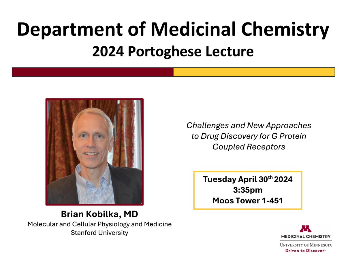 Tomorrow, we have the honor of hosting the esteemed Dr. Brian K. Kobilka from @Stanford to give the 2024 Portoghese Lecture: 'Challenges and New Approaches to Drug Discovery for G Protein Coupled Receptors' 📅: Tuesday, April 23rd 📍: Moos Tower 1-451 ⏰: 3:35pm CST