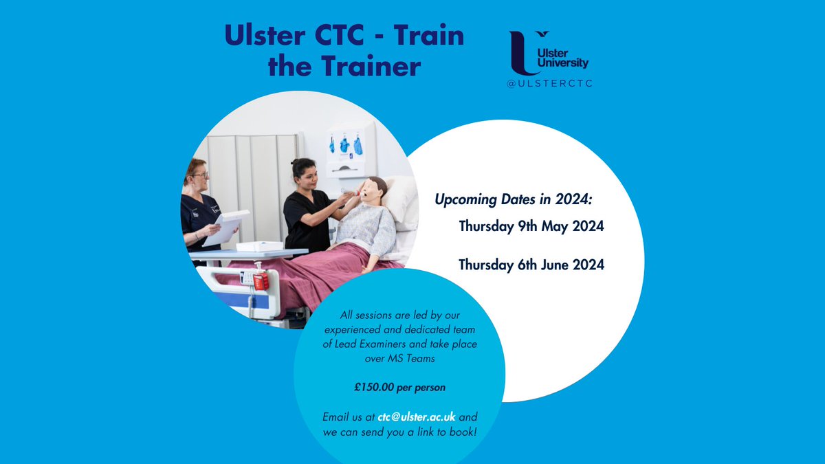 UlsterCtc's tweet photo. 💡 Join our Train the Trainer sessions! 💡
Save the dates below for our upcoming virtual Train the Trainer sessions. Prepare your candidates for their OSCE and UK practice with the guidance of our fantastic Examiners. 📚 #nmcosce #osce #iens #internationalnursing https://t.co/DmZRVrkqTZ
