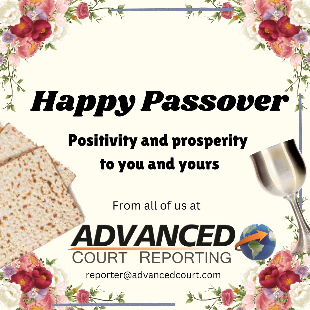 CourtReporterMA's tweet image. Chag Pesach samech! From our family to yours here at Advanced.

#advancedcourtreporting #HappyPassover #courtreporting #transcription #legalservices #womenowned