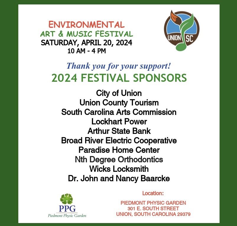 UnionEAMF's tweet photo. Thank you to our sponsors for the 2024 Environmental Art and Music Festival #festival2024 #GardenFestival #celebratenature #discoversouthcarolina #getdowntoearth https://t.co/gIYLYaaCGT