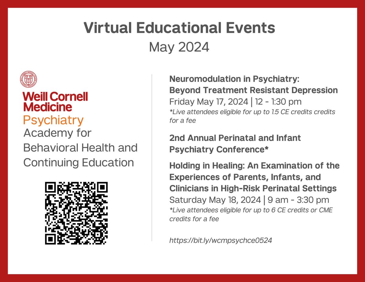 There are 2 continuing education events for physicians, psychologists and social workers in May. Take a look at our events to see how to earn CE or CME credit: bit.ly/wcmpsychce0524