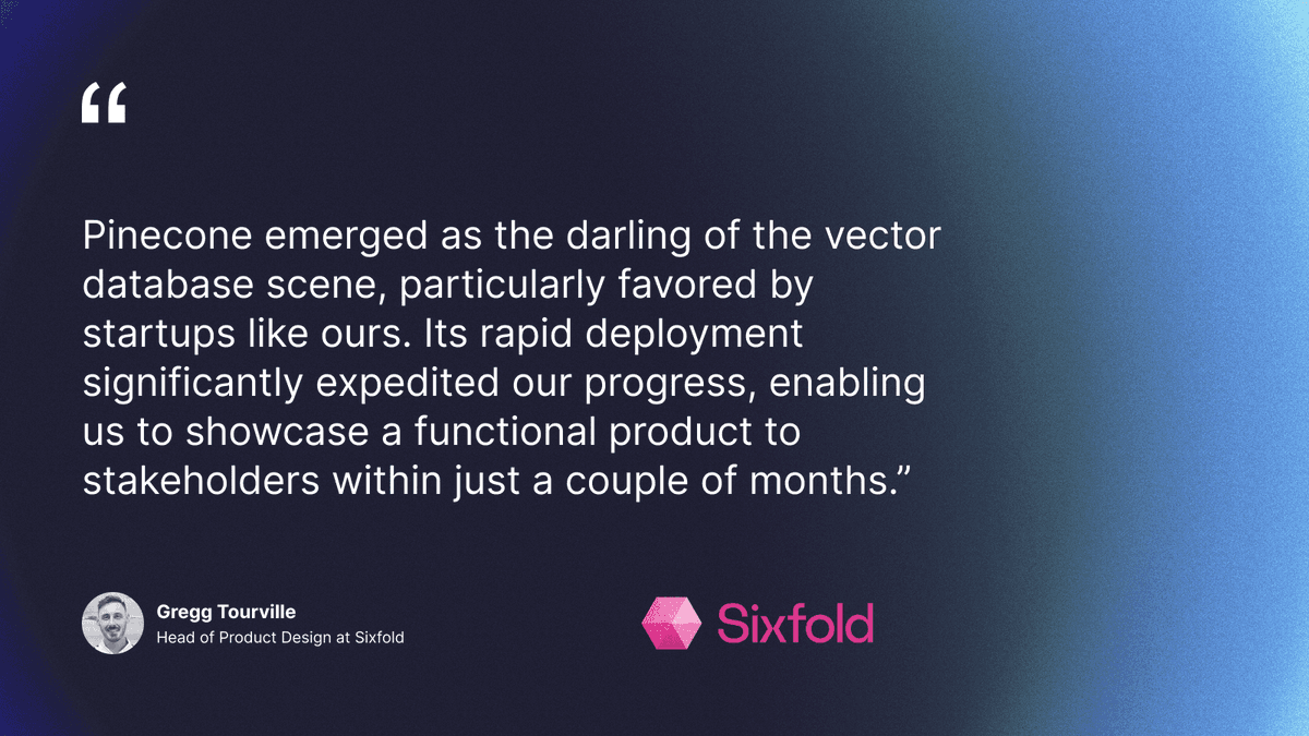 Learn more from Gregg Tourville, Head of Product Design, Sixfold on how to deliver product 4X times faster and more efficiently with the help of Pinecone. - hubs.ly/Q02tJG0K0