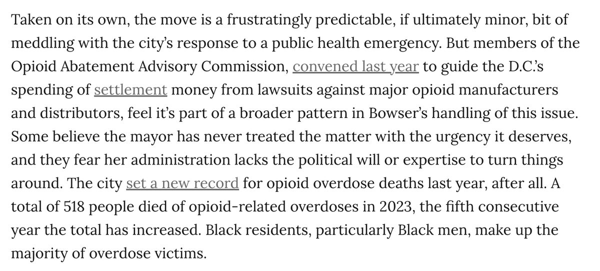 New: Bowser handed a $500k contract to a friend's firm for an anti-opioid media campaign, bypassing a commission convened to guide such spending. This seriously pissed off members, who note that the company was forced to return other opioid $ in 2019... washingtoncitypaper.com/article/691533…