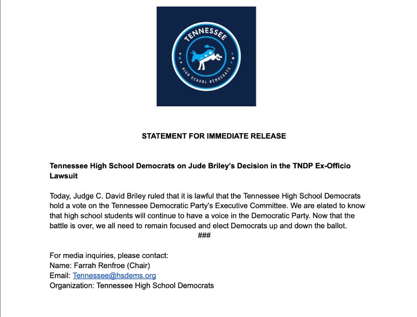 tnhsd's tweet photo. We are ecstatic about this ruling. Now that this lawsuit is behind us, we will use our seat to work with @tndp to elect Democrats up and down the ballot. https://t.co/0cmpT6wyO4
