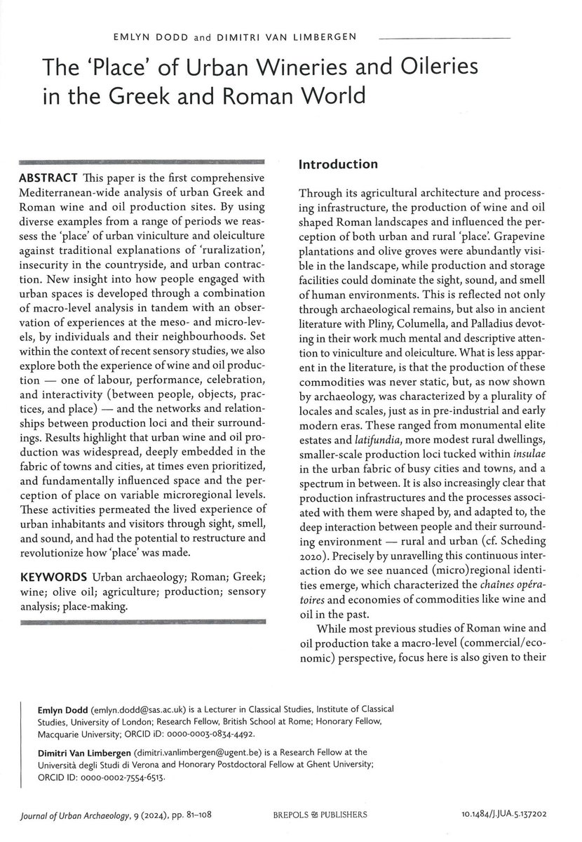 ❗️JUST PUBLISHED❗️ The Place of Urban Wineries & Oileries in the Greek and Roman World w/@DimitriVanL in @JUArch 🍷🫒 V proud of this one🙏 We collected urban production data across the Mediterranean; incl sensory & spatial discussion. 👉 doi.org/10.1484/J.JUA.… Thread… 🧵 /1