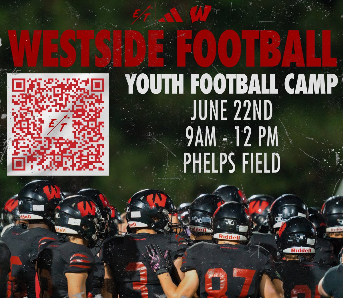 Westside Football Youth Football Camp
June 22nd (3rd-8th Grade)
9 am - 12 pm

Scan the QR Code to sign up!

#A414A
#ET