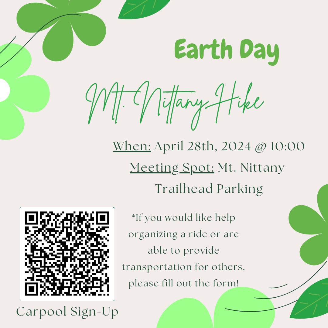 For Earth Day the Chem GSA is going to be doing a Mt. Nittany Hike on Sunday April 28th at 10 am.   If you would need a ride to and from the event or if you are able to provide transportation it would be great if you could fill out the Carpool Form (forms.office.com/r/nfbxSwPLMQ)!