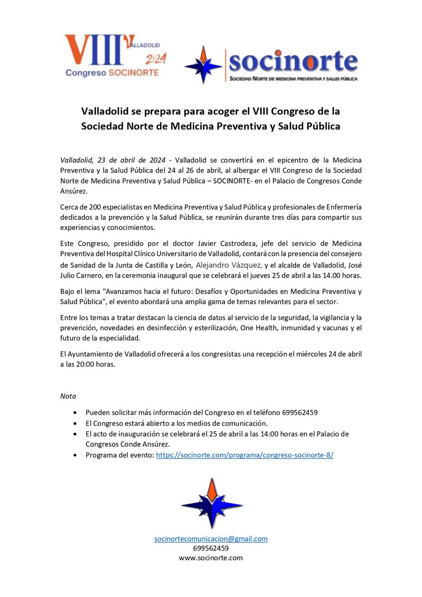Valladolid se prepara para acoger el VIII Congreso de la Sociedad Norte de Medicina Preventiva y Salud Pública
#VIIISocinorte
