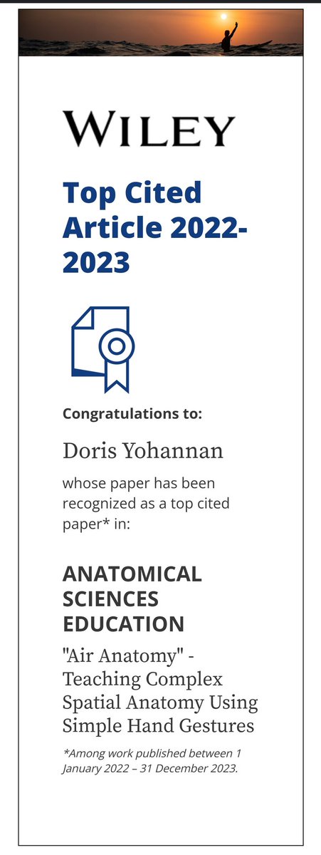 Our 'Air Anatomy' (Hand Gestures in Anatomy education) article received enough citations to be a #TopCitedArticle in its journal @AnatSciEduc @WileyGlobal from Jan 2022-Dec 2023 🥳