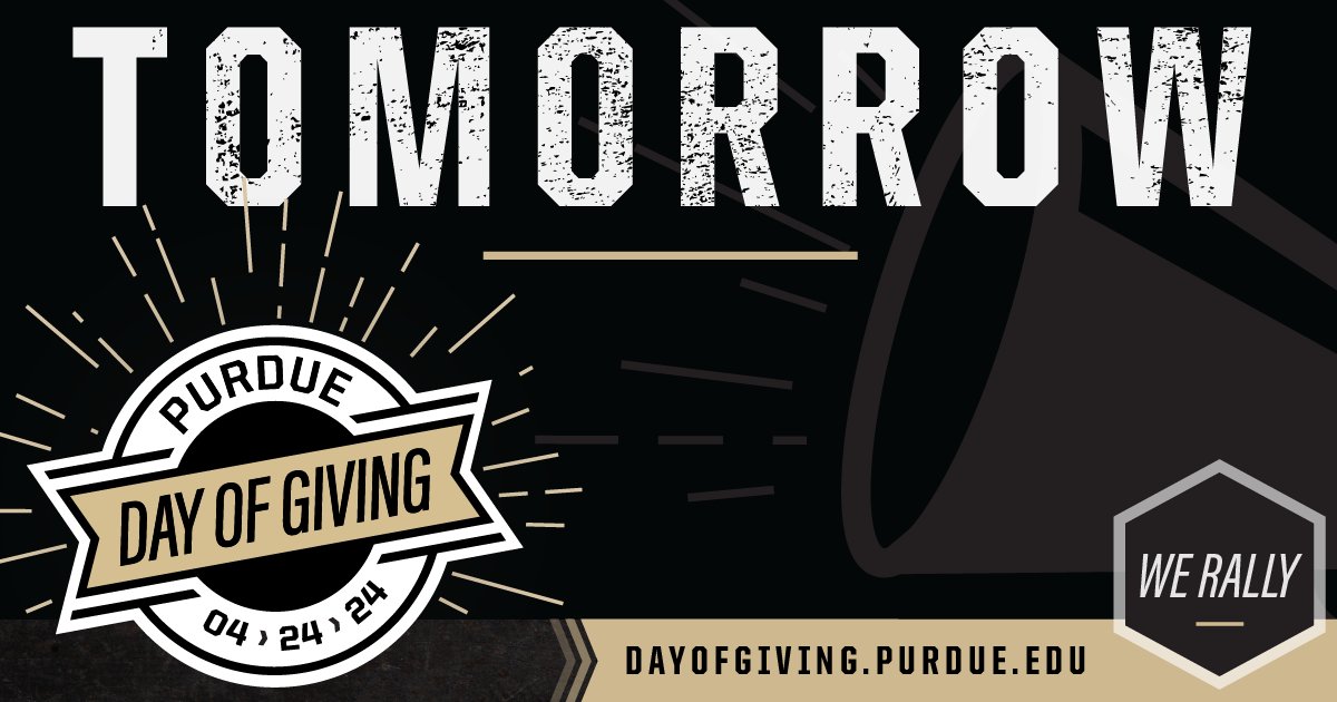 📣 Boilermakers, tomorrow is #PurdueDayofGiving! Let's show the world what's possible when we rally together for #Purdue. See all the details at dayofgiving.purdue.edu, and be sure to follow @PurdueforLife to keep up with the hourly challenges. #pharmacysgiantleap